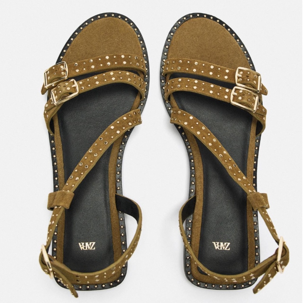 Zara khaki green flat real suede leather sandals with studs NWT